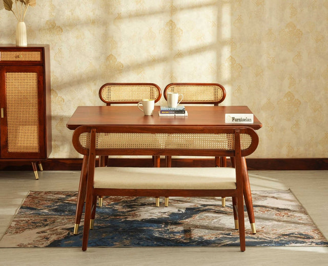Boston Wooden Rattan Cane Dining Table Four Seater with Backrest Bench Brown Finish