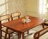 Boston Wooden Rattan Cane Dining Table Four Seater with Backrest Bench Brown Finish