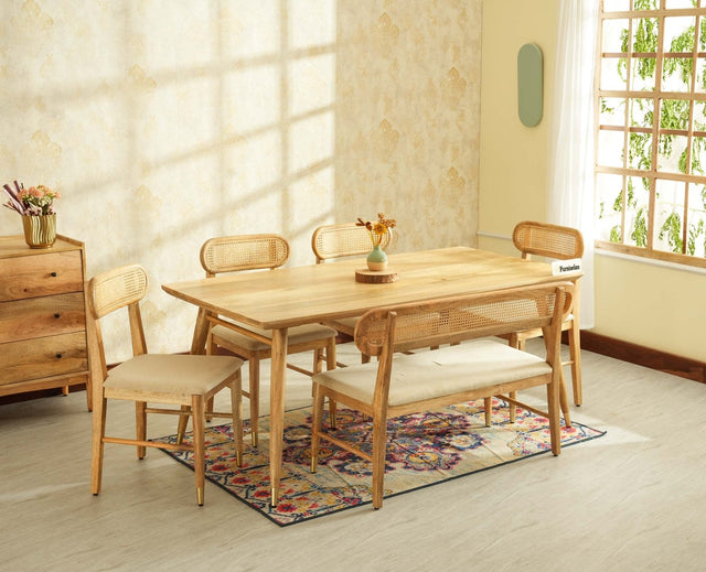 Boston Wooden Rattan Cane Dining Table Six  Seater with Backrest Bench Natural Finish