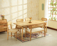 Boston Wooden Rattan Cane Dining Table Six  Seater with Backrest Bench Natural Finish