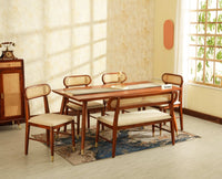 Boston Wooden Rattan Cane Dining Table Six  Seater with Backrest Bench Brown Finish