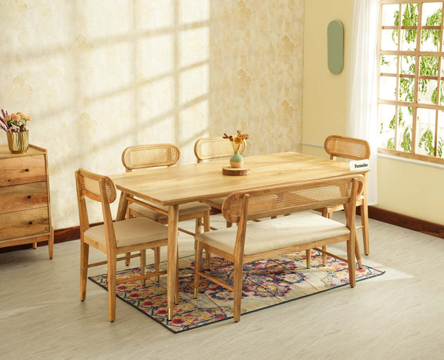 Boston Wooden Rattan Cane Dining Table Six  Seater with Backrest Bench Natural Finish