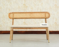 Boston Wooden Rattan Cane Dining Table Six  Seater with Backrest Bench Natural Finish
