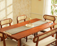 Boston Wooden Rattan Cane Dining Table Six  Seater with Backrest Bench Brown Finish