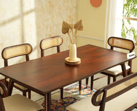 Boston Wooden Rattan Cane Dining Table Six  Seater with Backrest Bench Grey Finish