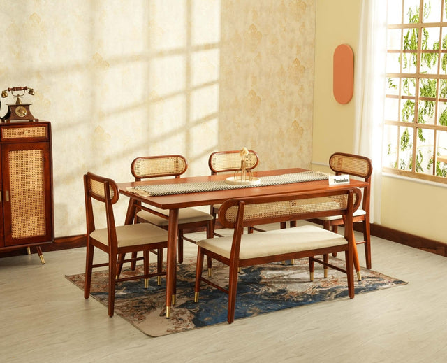 Boston Wooden Rattan Cane Dining Table Six  Seater with Backrest Bench Brown Finish