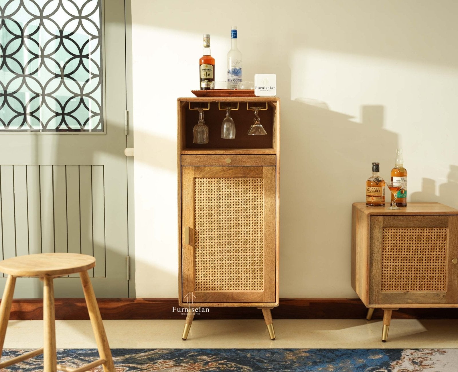 Boston Wooden Rattan Cane Mini Bar Cabinet with Storage Natural Finish