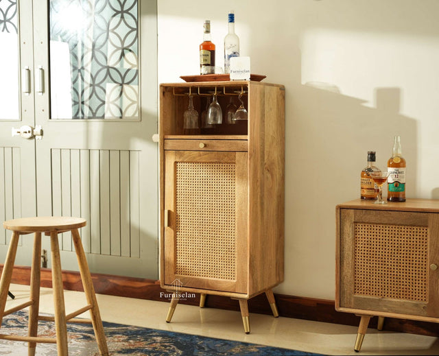 Boston Wooden Rattan Cane Mini Bar Cabinet with Storage Natural Finish