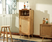 Boston Wooden Rattan Cane Mini Bar Cabinet with Storage Natural Finish