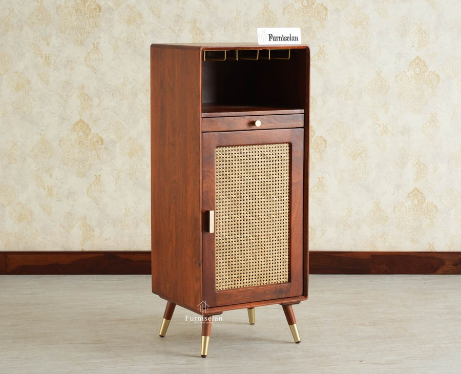 Boston Wooden Rattan Cane Mini Bar Cabinet with Storage Brown Finish