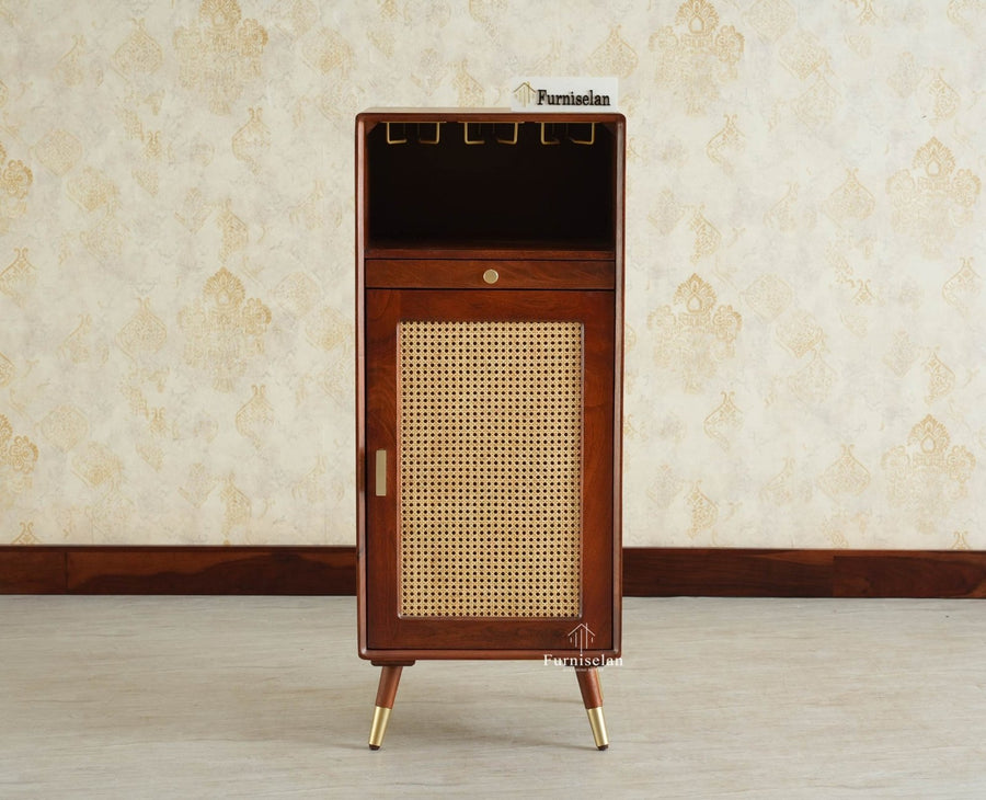 Boston Wooden Rattan Cane Mini Bar Cabinet with Storage Brown Finish
