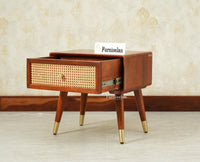 Boston Wooden Rattan Cane One Drawer Bedside Table Brown Finish