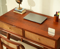 Boston Wooden Rattan Cane Study Laptop Table Desk with Two Drawer Brown Finish