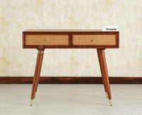 Boston Wooden Rattan Cane Study Laptop Table Desk with Two Drawer Brown Finish