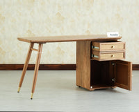 Boston Wooden Rattan Cane Study Laptop Table Desk with Two Drawer and One Door Natural Oak Finish