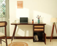 Boston Wooden Rattan Cane Study Laptop Table Desk with Two Drawer and One Door Grey Finish 