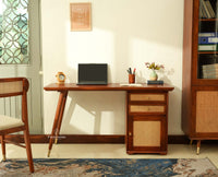 Boston Wooden Rattan Cane Study Laptop Table Desk with Two Drawer and One Door Brown Finish 