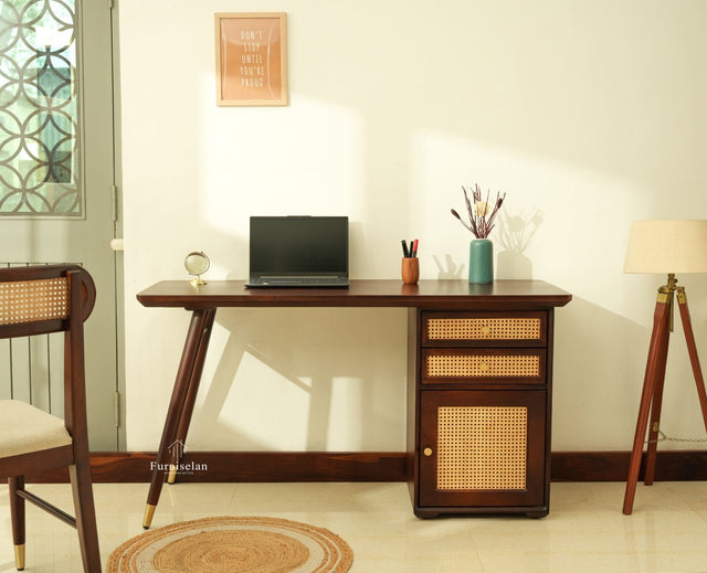 Boston Wooden Rattan Cane Study Laptop Table Desk with Two Drawer and One Door With Chair Grey Finish