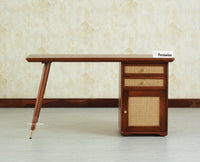 Boston Wooden Rattan Cane Study Laptop Table Desk with Two Drawer and One Door With Chair Brown Finish