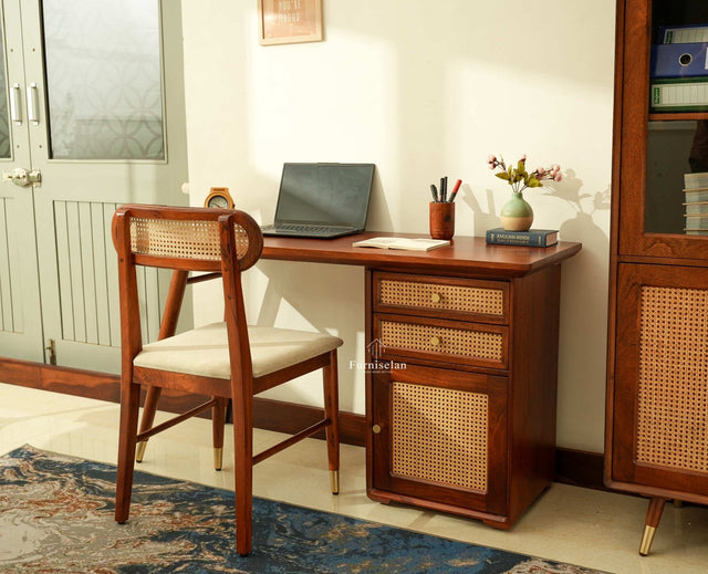 Boston Wooden Rattan Cane Study Laptop Table Desk with Two Drawer and One Door With Chair Brown Finish