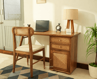 Boston Wooden Rattan Cane Study Laptop Table Desk with Two Drawer and One Door With Chair Natural Oak Finish