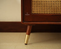 Boston Wooden Rattan Cane Tall Bar Cabinet with Storage Brown Finish