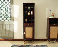 Boston Wooden Rattan Cane Tall Bar Cabinet with Storage Brown Finish