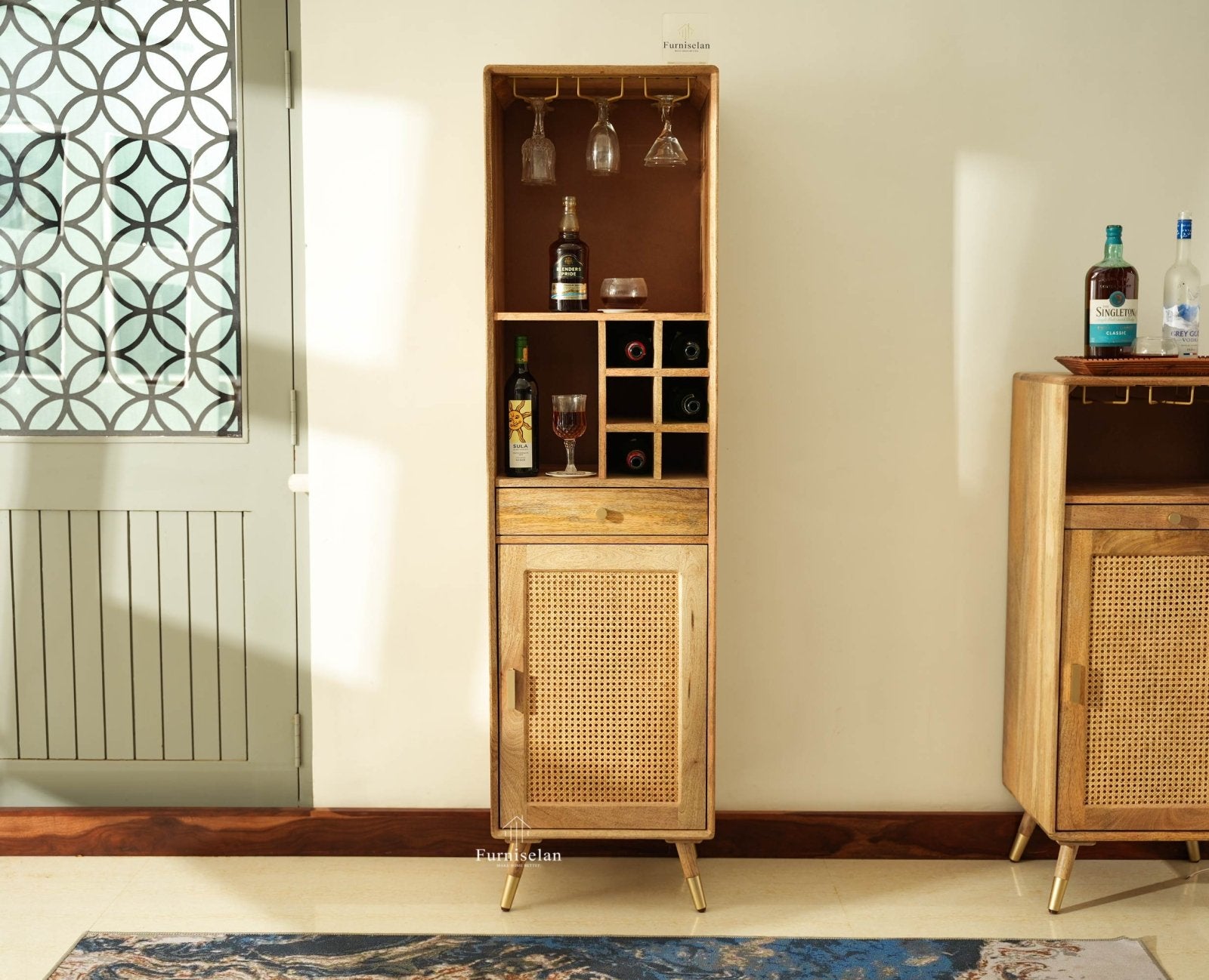 Boston Wooden Rattan Cane Tall Bar Cabinet with Storage Natural Finish