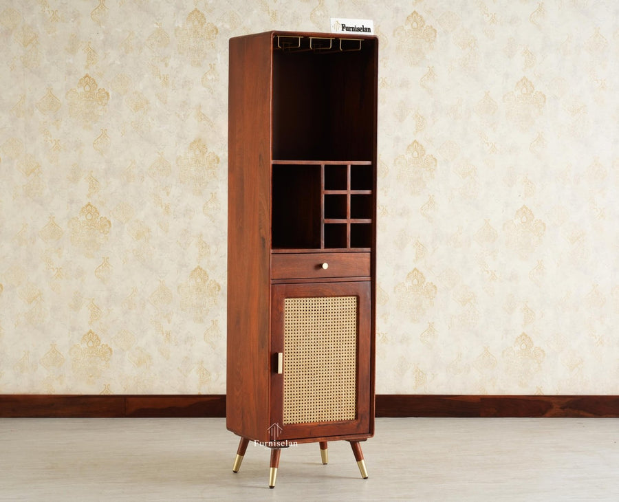Boston Wooden Rattan Cane Tall Bar Cabinet with Storage Brown Finish