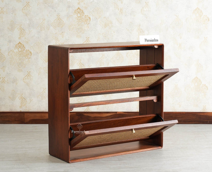 Boston Wooden Wall Hung Shoe Rack Cabinet Flip-Down Doors Brown Finish