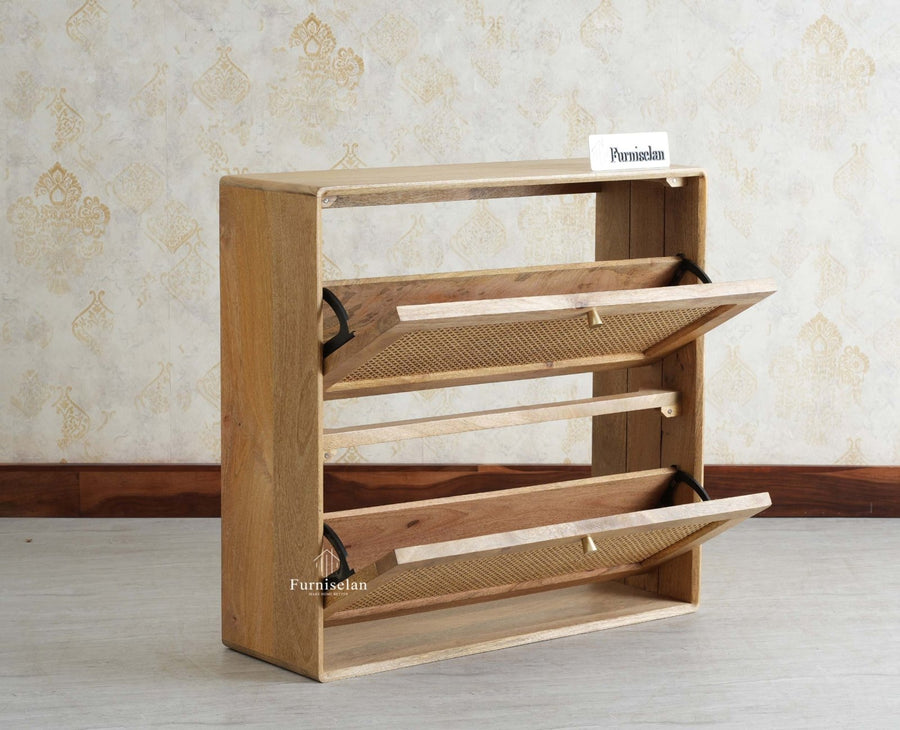 Boston Wooden Wall Hung Shoe Rack Cabinet Flip-Down Doors Natural Finish