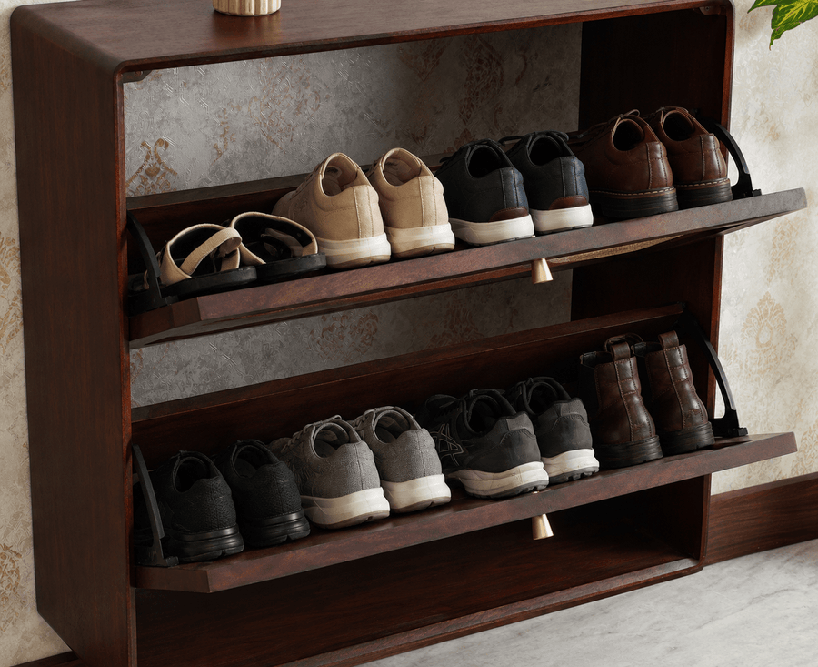 Boston Wooden Wall Hung Shoe Rack Cabinet Flip-Down Doors Grey Finish