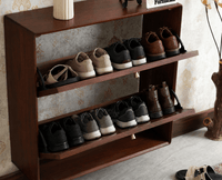 Boston Wooden Wall Hung Shoe Rack Cabinet Flip-Down Doors Brown Finish