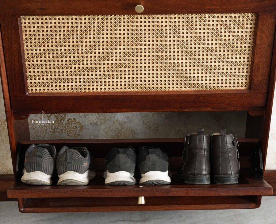Boston Wooden Wall Hung Shoe Rack Cabinet Flip-Down Doors Brown Finish