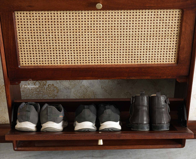 Boston Wooden Wall Hung Shoe Rack Cabinet Flip-Down Doors Brown Finish