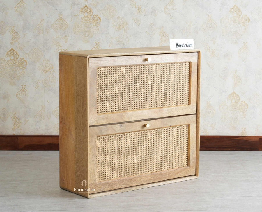 Boston Wooden Wall Hung Shoe Rack Cabinet Flip-Down Doors Natural Finish