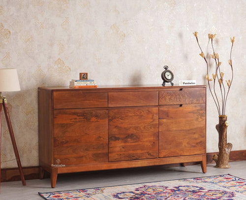 Bressels Solid Wood Three Door and Drawer Storage Cabinet Sideboard Furniselan - Brown-Finish