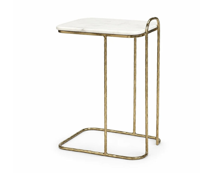 Cairo C-Shaped White Marble Table with Metal - Antique Gold Finish