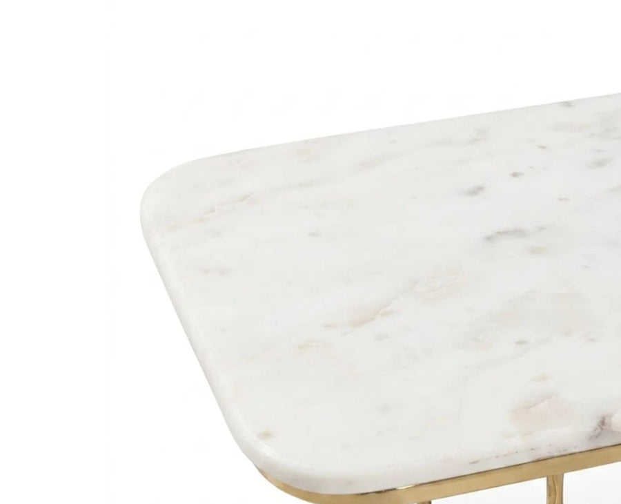 Cairo C-Shaped White Marble Table with Metal - Antique Gold Finish