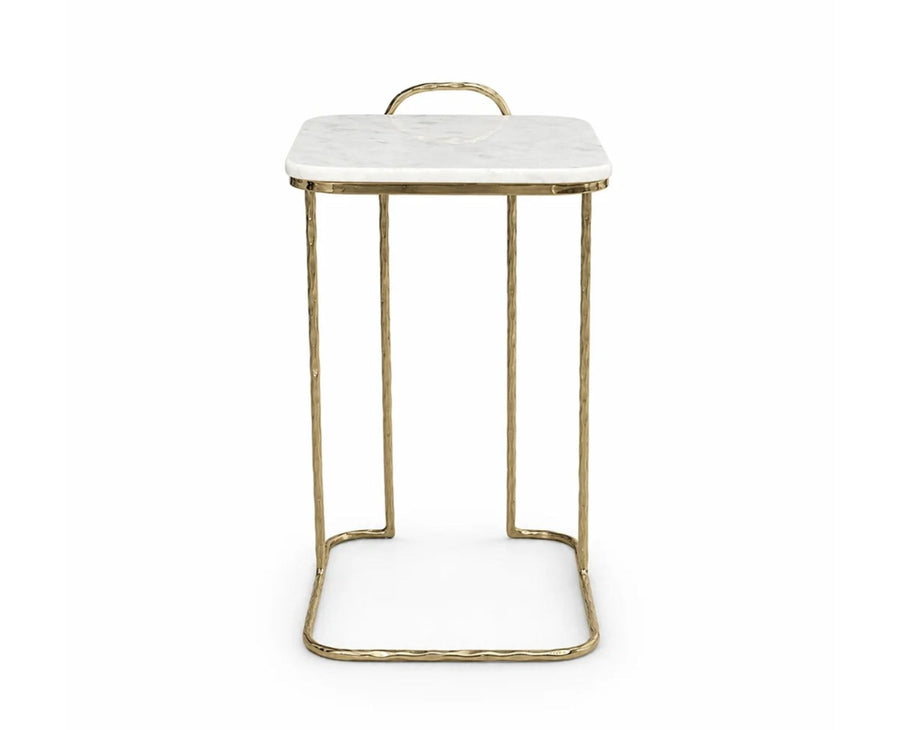 Cairo C-Shaped White Marble Table with Metal - Antique Gold Finish