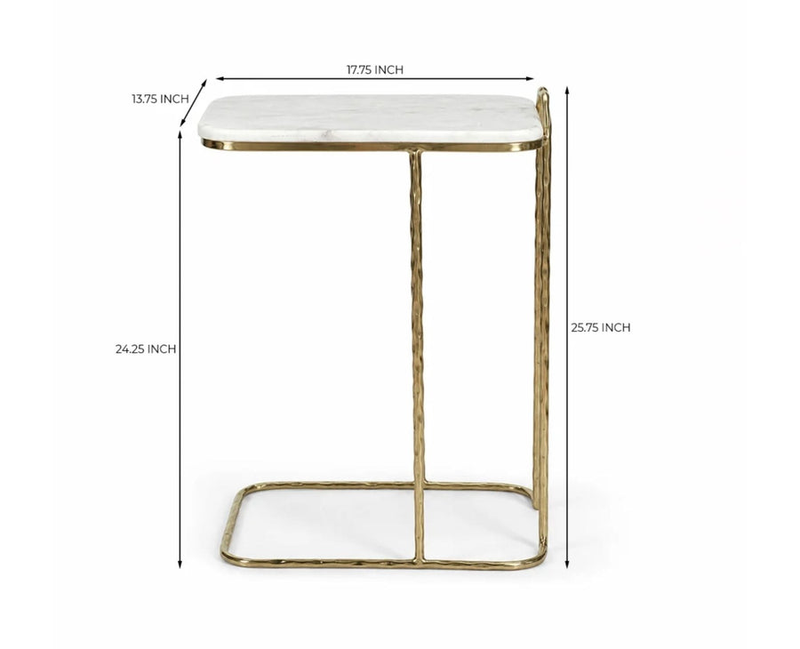 Cairo C-Shaped White Marble Table with Metal - Antique Gold Finish