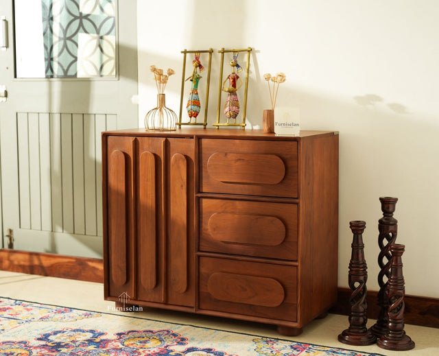 Chicago Solid Wood One  Door Three drawer Storage Cabinet Teak Finish