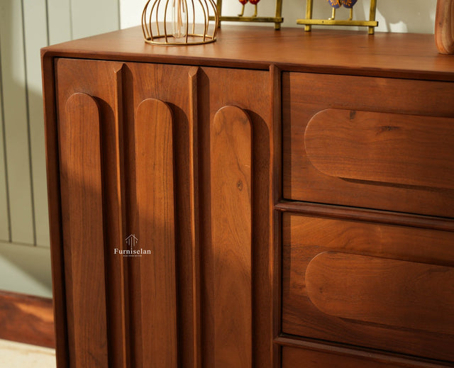 Chicago Solid Wood One  Door Three drawer Storage Cabinet Teak Finish