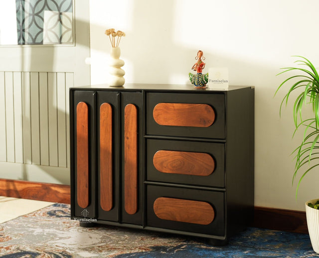 Chicago Solid Wood One  Door Three drawer Storage Cabinet Black Finish