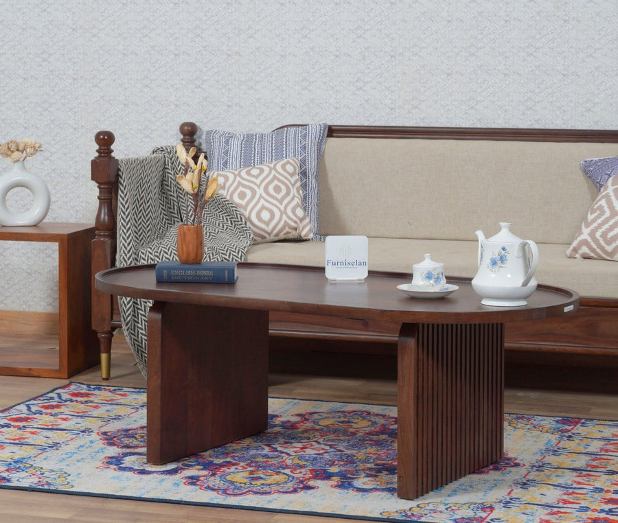 Columbia Solid Wood Oval Coffee Table - Coffee Table - Furniselan  - Teak-Finish