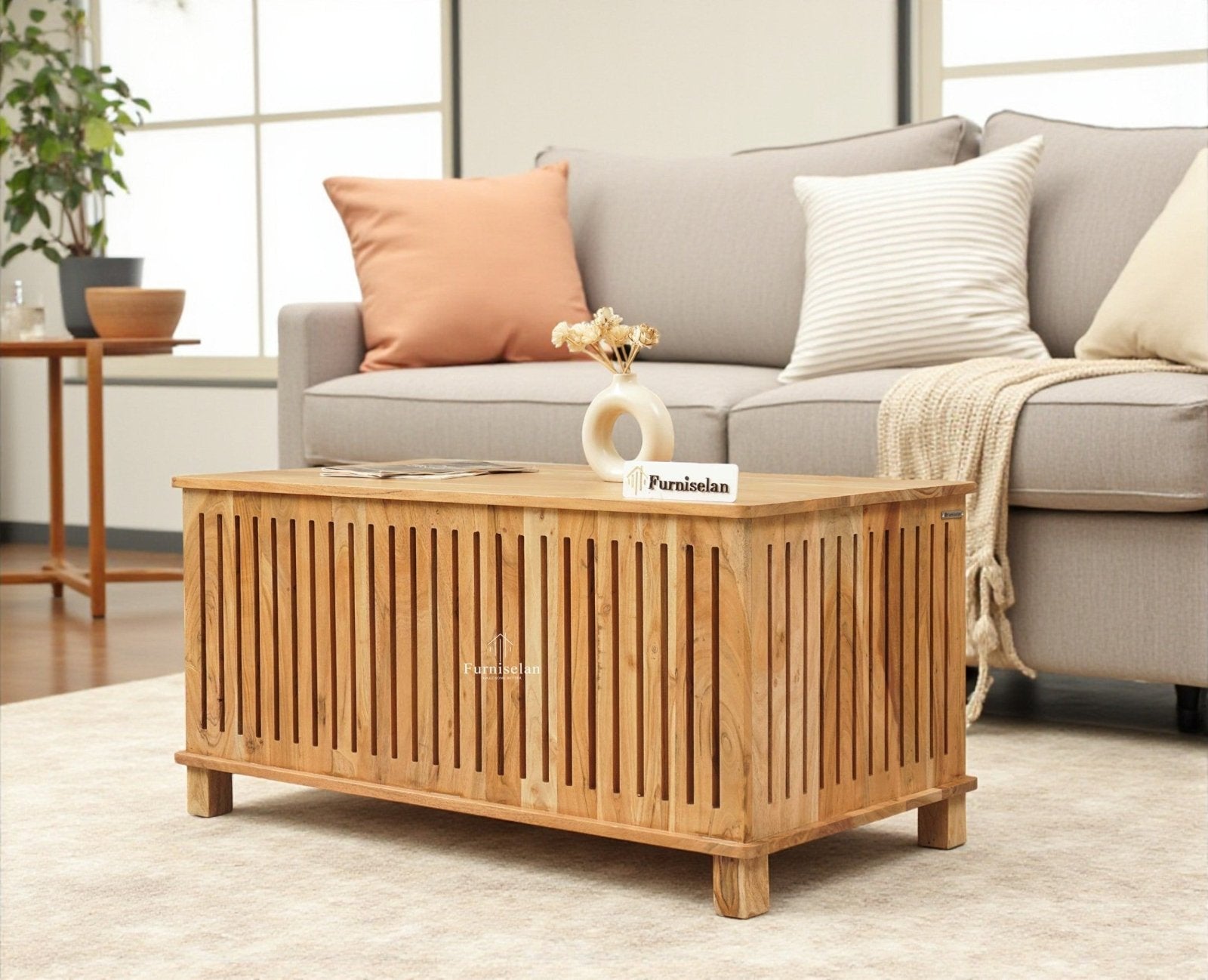 Deccan Slatted Trunk Box Storage Coffee Table - Coffee Table - Furniselan - Natural - Finish
