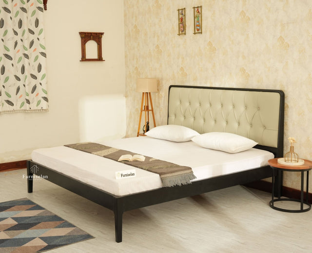 Dubai Luxury Wooden Queen Bed with Upholstered Headboard Black Finish