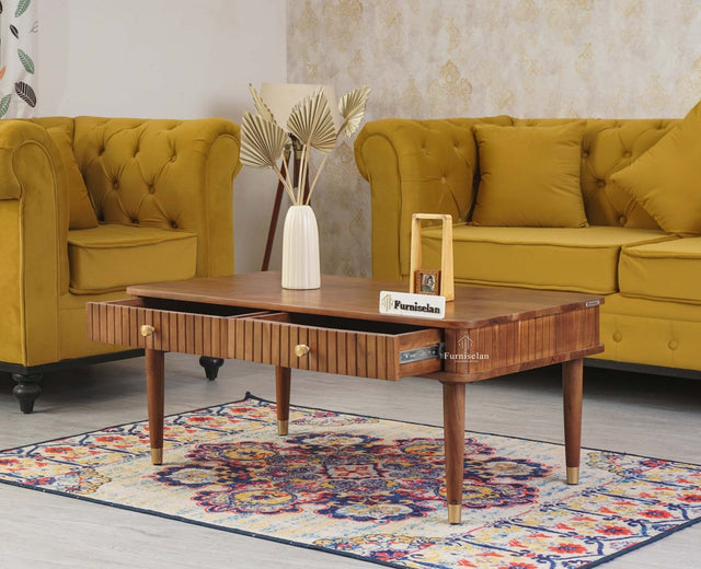 Eiffel Solid Wood Coffee Table Two Drawer - Coffee Table - Furniselan - Brown Finish