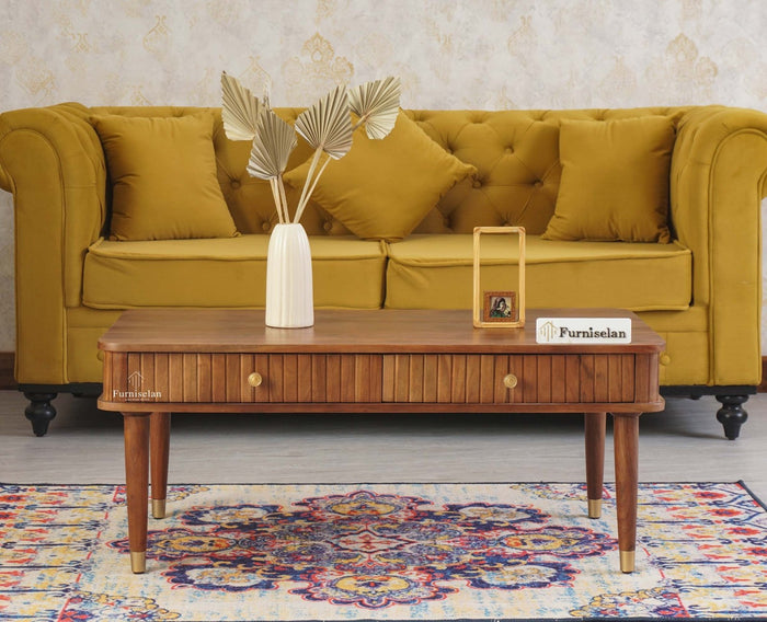 Eiffel Solid Wood Coffee Table Two Drawer - Coffee Table - Furniselan - Teak Finish