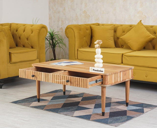 Eiffel Solid Wood Coffee Table Two Drawer - Coffee Table - Furniselan - Natural-Finish